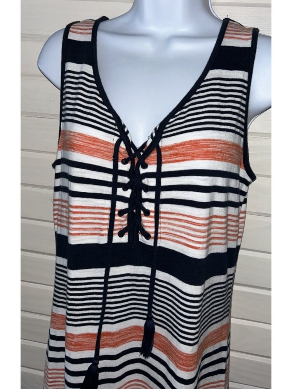 Talbots Sz MEDIUM Blue Orange Ivory Stripe Knit Dress Pullover Lace-up Neck EUC - Picture 3 of 7